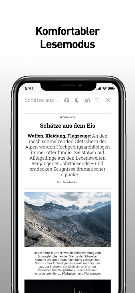 GEO Digital Magazin app showing an article in comfortable reading mode on a smartphone