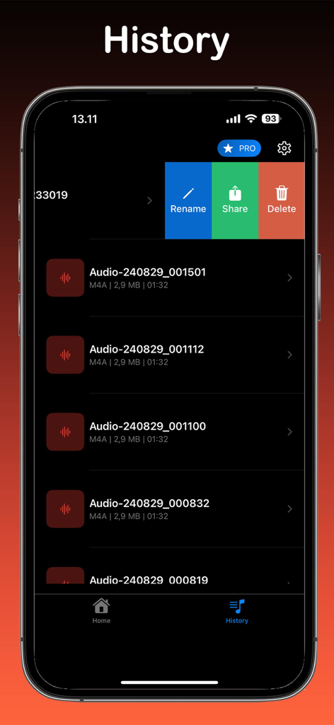 Interfaccia dell'app Audio Booster che mostra la cronologia dei file audio amplificati con opzioni di rinomina, condivisione ed eliminazione