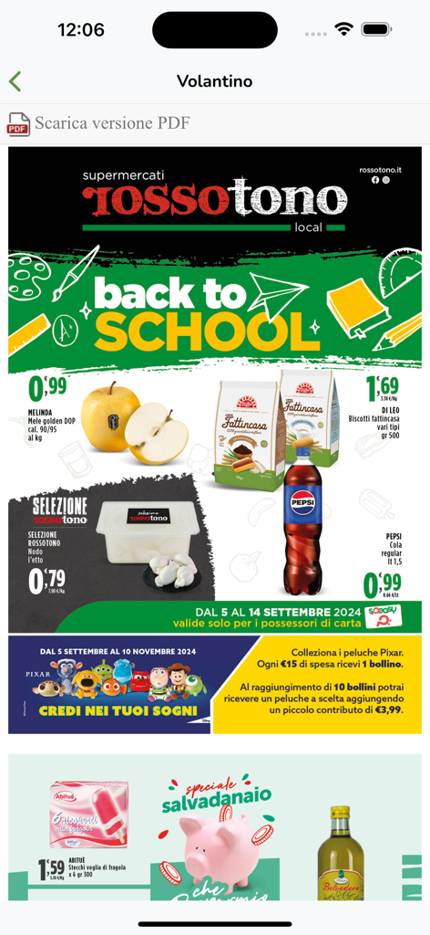 Volantino digitale del supermercato nell'app Speasy che mostra promozioni "Back to School" e offerte di generi alimentari.