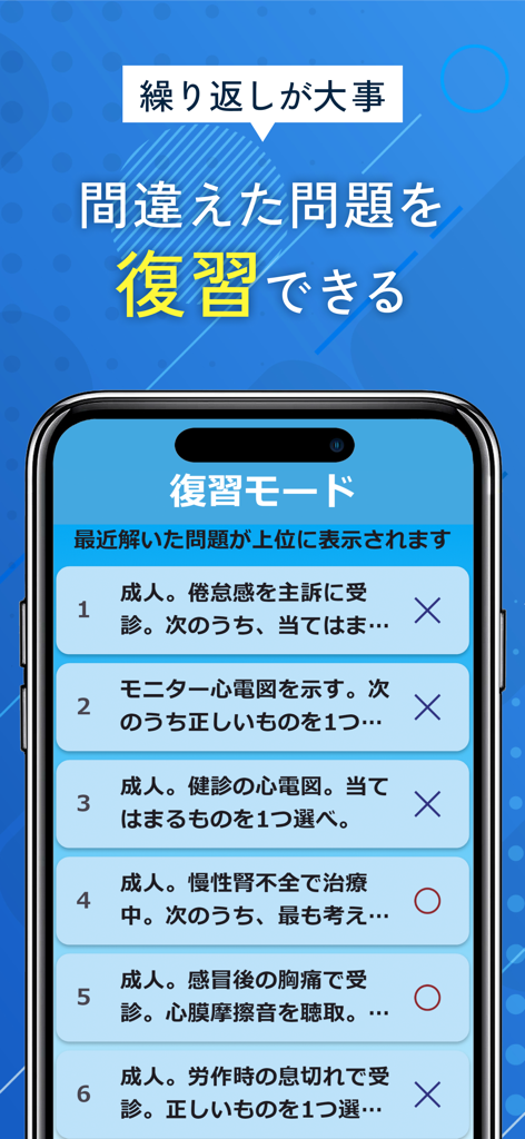 ECGクイズアプリのレビューモード画面。回答済みの問題リストが正誤マーク付きで表示されています。