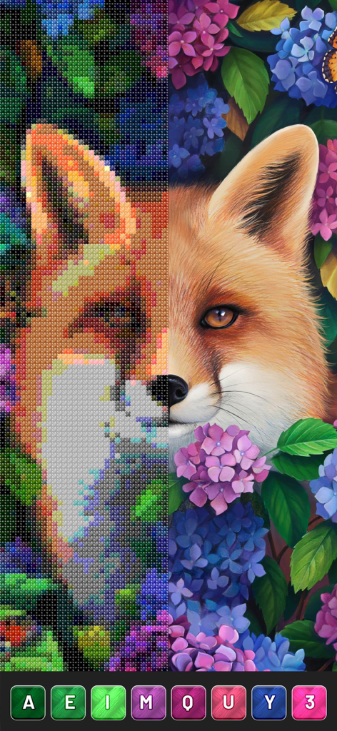 Cross Stitch: Pixel Art - Una interfaz de punto de cruz digital que muestra a un zorro y flores siendo convertidos de una imagen realista a un patrón de pixel art con una paleta de colores.