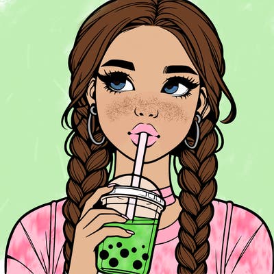 realistic girl with braided hair drinking boba