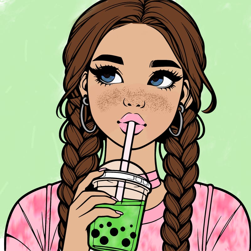 realistic girl with braided hair drinking boba