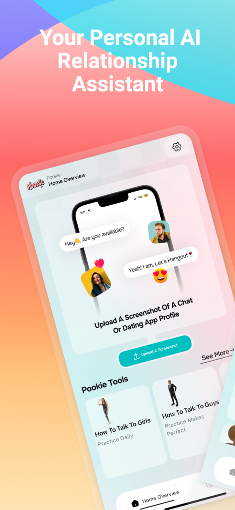 Pantalla de inicio de la aplicación Pookie Tools que muestra un asistente de relaciones por IA y análisis de chat de citas