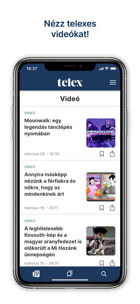 Screenshot of the Telex news app showing a list of video articles in Hungarian