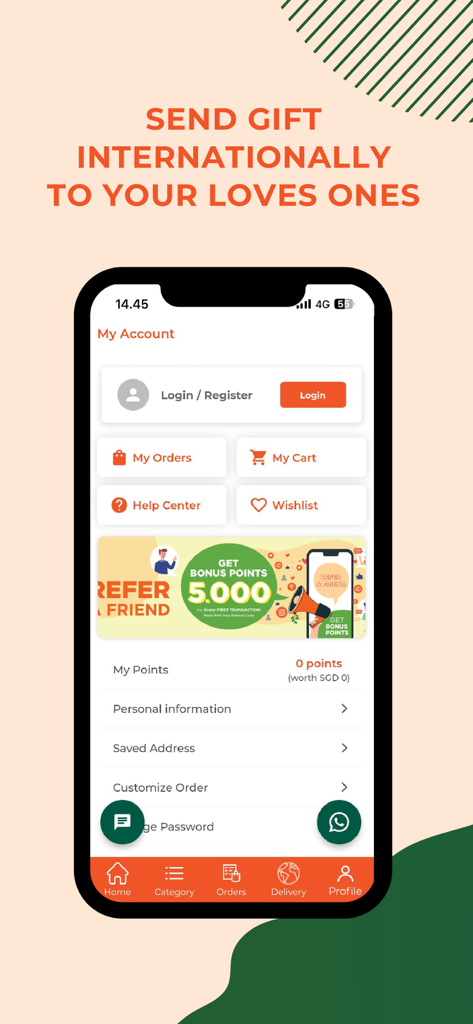FlowerAdvisor - Flowers & Gift - The user account profile screen of the FlowerAdvisor app showing settings, loyalty points, and international gift delivery options.