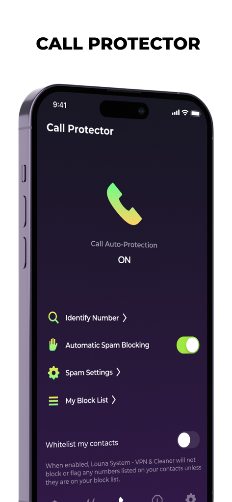 Interface do protetor de chamadas do aplicativo Louna System mostrando o bloqueio automático de spam ativado em um iPhone