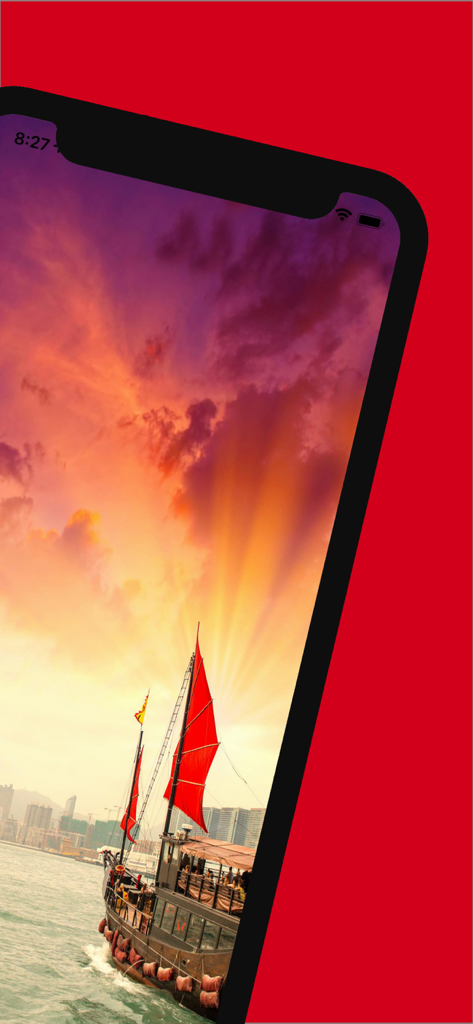 Hong Kong Travel Guide .. - 모바일 앱 화면에 석양을 배경으로 붉은 돛을 단 홍콩 전통 정크선