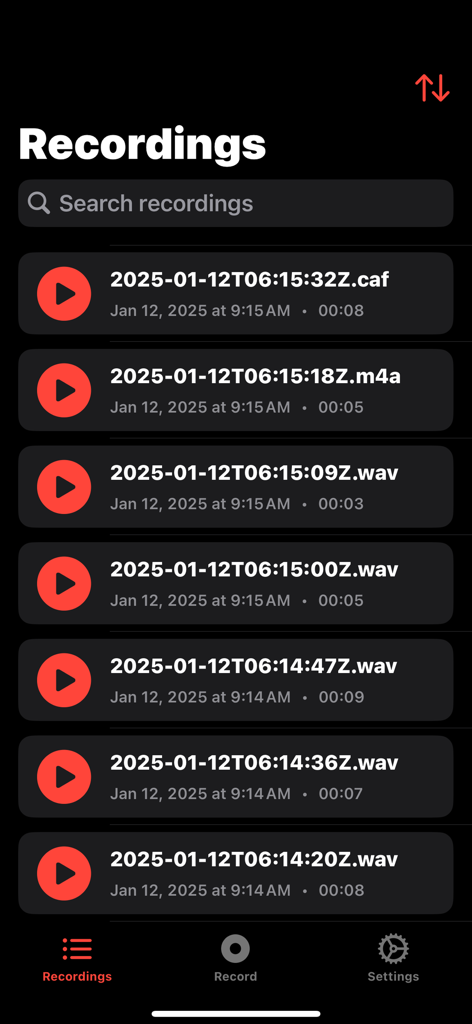 A list of audio recordings in the Audio Recorder Pro plus app showing file names, dates, and durations.