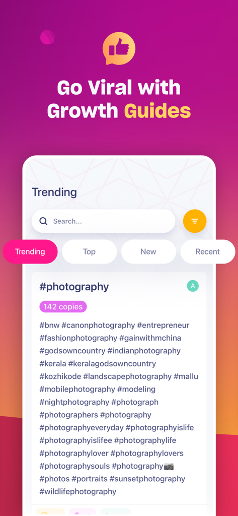 Interfaccia dell'app mobile Hashtag Expert che mostra hashtag di tendenza per guide di crescita fotografica