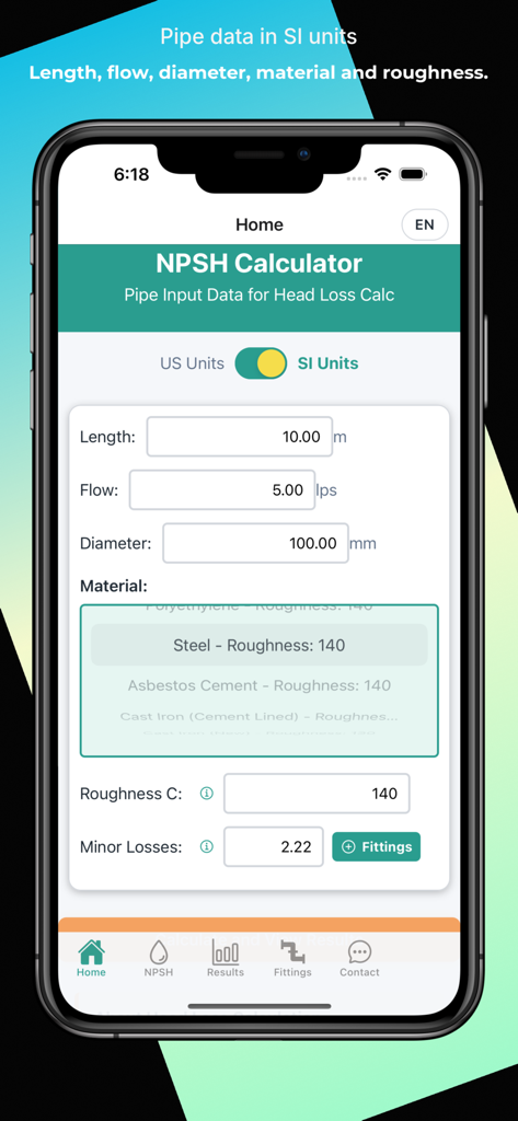 NPSH Calculator - Schermata principale dell'app mobile NPSH Calculator che mostra i campi di immissione dati del tubo per lunghezza, flusso e diametro in unità SI