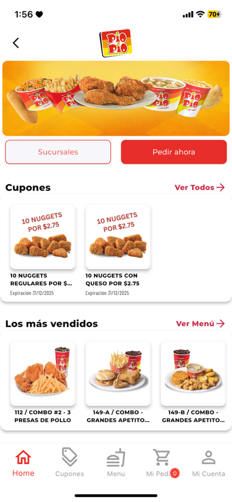 La pantalla de inicio de la App Pio Pio mostrando cupones de comida y platos populares con opciones para pedir ahora o encontrar una sucursal.
