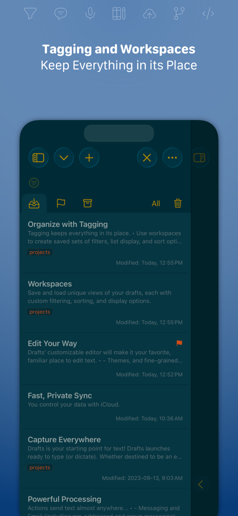 Drafts app interface displaying tagging and workspaces for note organization