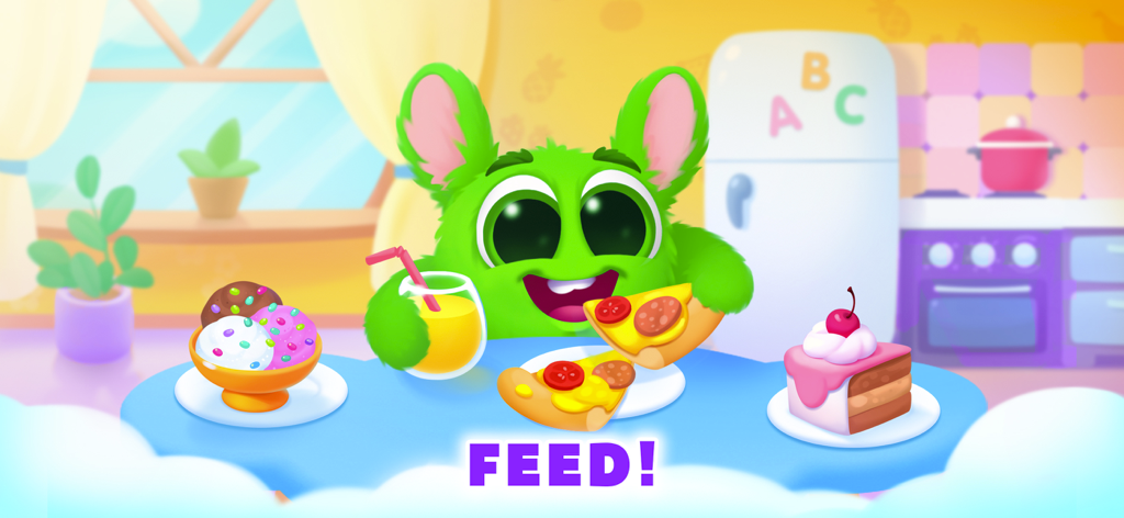 A cute green fluffy pet eating pizza and cake in a kitchen scene from the My Fluffy pet game