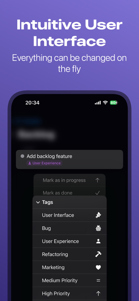Project Planner: Milestones - 直感的なユーザーインターフェースとタスクタグ付けメニューを強調するプロジェクトプランナーマイルストーンアプリのスクリーンショット。