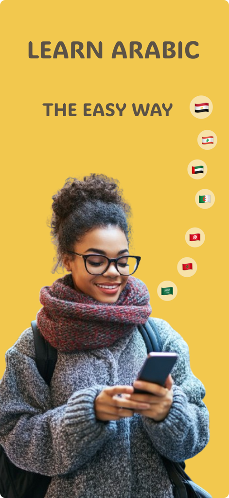 Nawa: Learn Arabic - Mujer joven usando la aplicación Nawa para aprender árabe en su teléfono