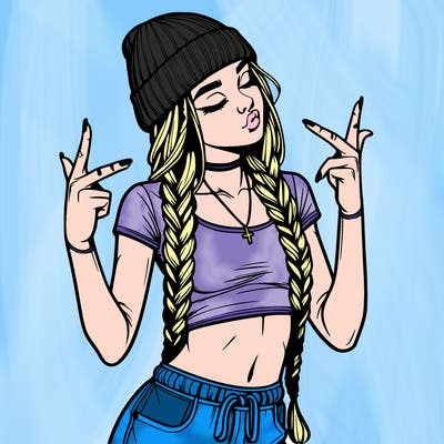 realistic teenage girl with braids and a beanie and crop top doing 🫶🏼