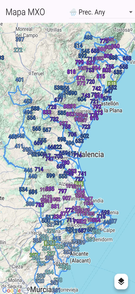 AVAMET - Mapa meteorológico interativo de Valência mostrando pontos de dados de precipitação regional no aplicativo AVAMET
