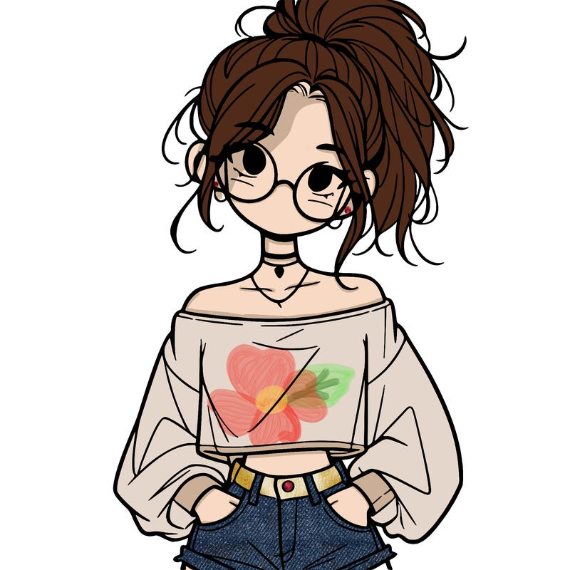 girl with a messy ponytail glasses a baggy crop top and jean shorts