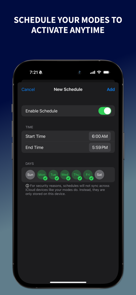 Guest Mode: Lock Apps - Mobile interface showing the scheduling screen to activate app lock modes by time and day