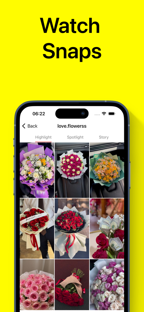SnapSaver app screen displaying a grid of flower bouquet photos and story tabs