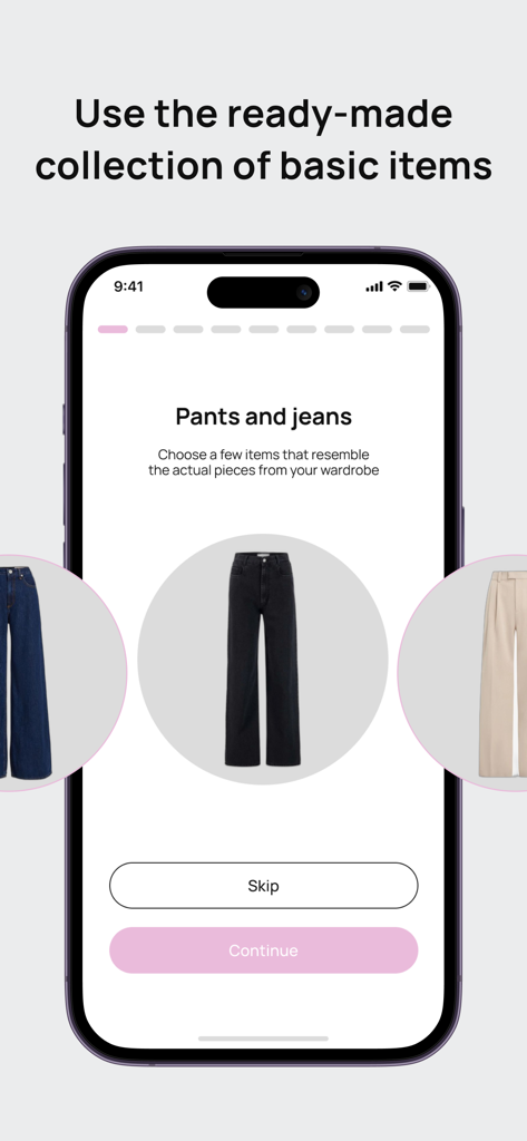 Smart wardrobe by Outfitsy - A mobile screen from the Outfitsy app showing a selection of basic pants and jeans to add to a digital wardrobe.