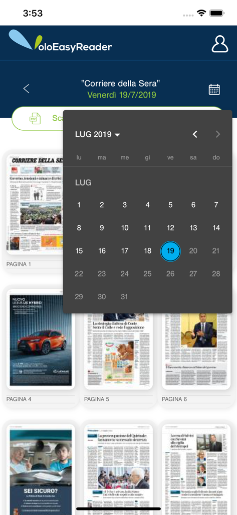 VoloEasyReader app interface featuring a calendar to select specific newspaper archive dates for Corriere della Sera.