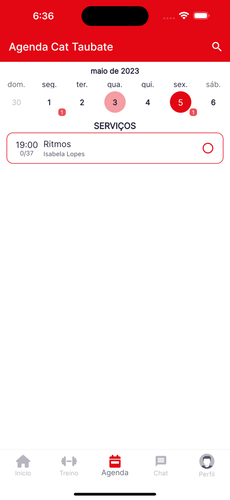 Sesi Academia - Interfaz de la aplicación Sesi Academia que muestra un calendario y horario de clases de fitness