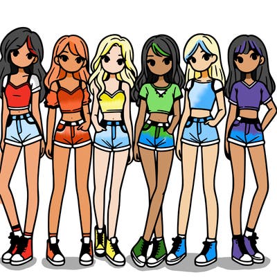 a group of girls wearing crop tops and shorts