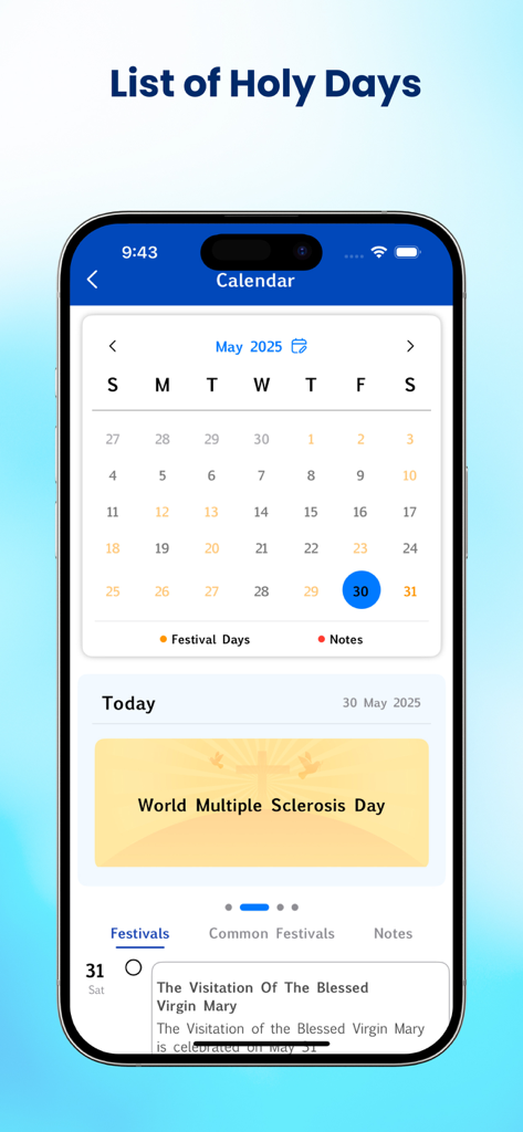 John Gill's Bible Commentary. - A mobile app screen showing a calendar of holy days and religious festivals within John Gills Bible Commentary