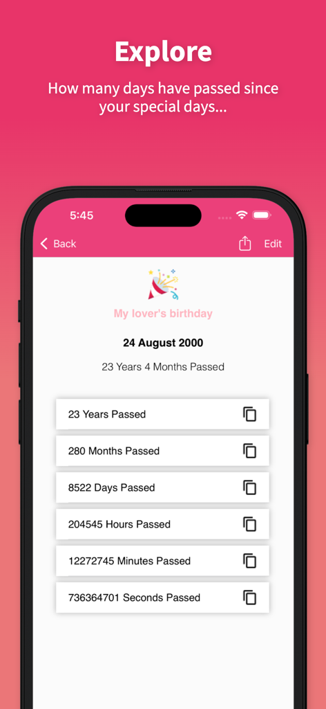 My Love Anniversary Tracker - Mobile app interface displaying the time elapsed since a special date in years months days hours minutes and seconds