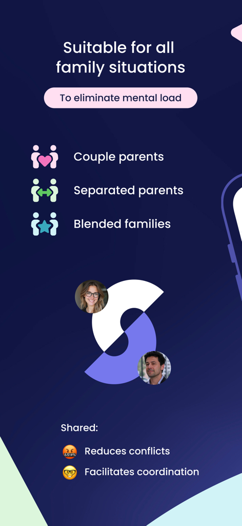 Shared, the Family Organizer - Bildschirm der Shared-Familienorganisator-App, der Vorteile für Paareltern, getrennte Eltern und Patchworkfamilien zur Beseitigung der mentalen Belastung zeigt