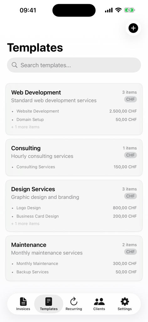 Invoice Flow - A mobile app screen displaying various invoice templates for professional services like Web Development, Consulting, and Design Services.
