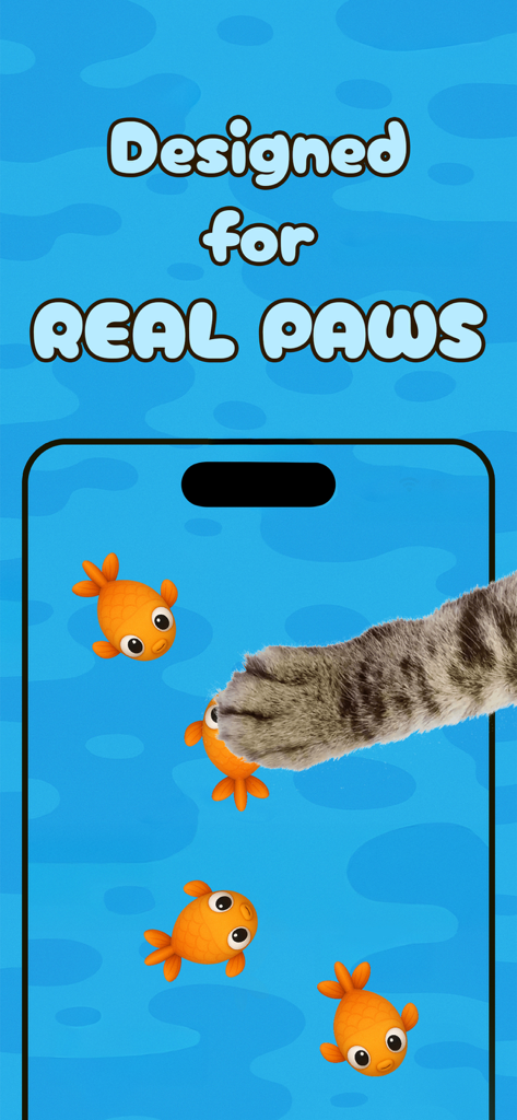 Games for Cats - Meowly - Uma pata de gato tocando peixes laranjas animados no aplicativo Meowly em uma tela de smartphone