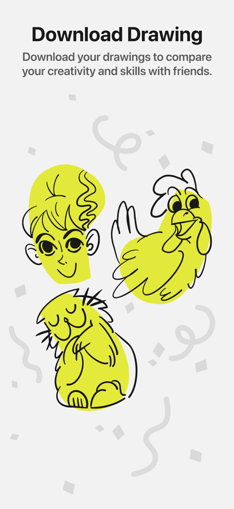 Dudel Draw - Dudel Draw app screen showing three yellow sketches including a face a chicken and a cat with text to download and share