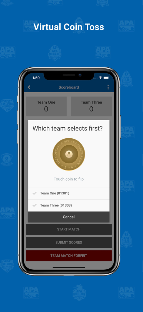 APA Scorekeeper - APA Scorekeeper app interface showing a virtual coin toss to determine which team selects first