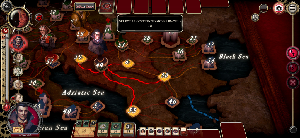Fury of Dracula - Una captura de pantalla de Fury of Dracula Digital Edition con un mapa de Europa de estilo vintage con piezas de juego, retratos de personajes y una indicación para seleccionar una ubicación de movimiento.