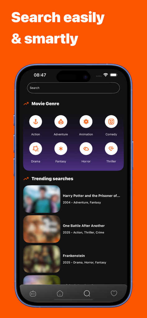 Search interface of Cineby app showing movie genres and trending search results