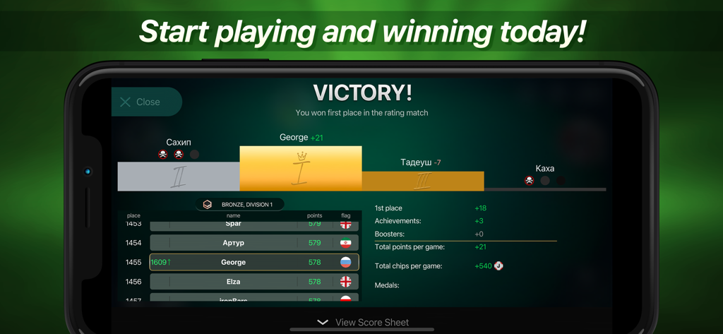 Joker online - Pantalla de victoria en el juego de cartas Joker online que muestra la clasificación de los jugadores y las estadísticas de la partida.