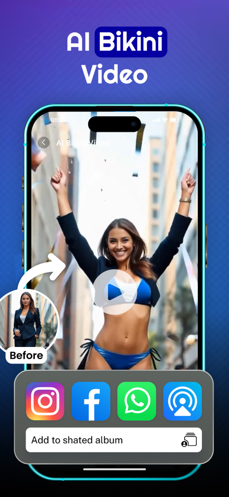 Twerk Video Generator: Twerky - Interface de l'application Twerky montrant le générateur vidéo AI bikini et les icônes de partage sur les réseaux sociaux