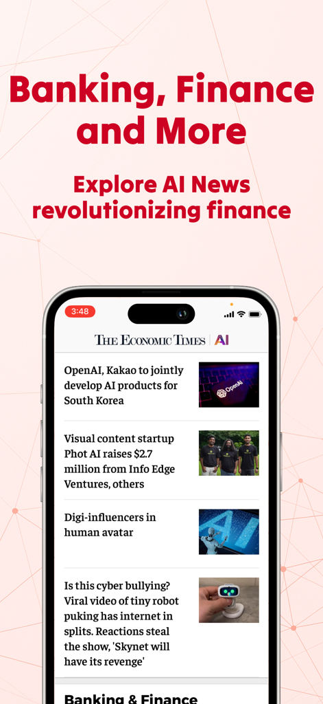 ET AI: On-the-Go AI News App - ET AI app displaying artificial intelligence news related to finance and banking