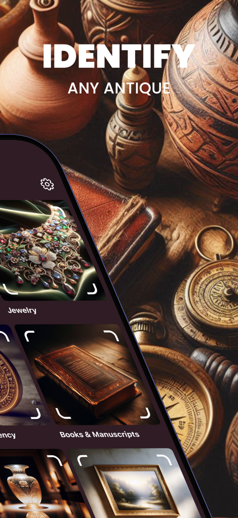Antiker app screen for identifying antiques across categories like jewelry books and manuscripts