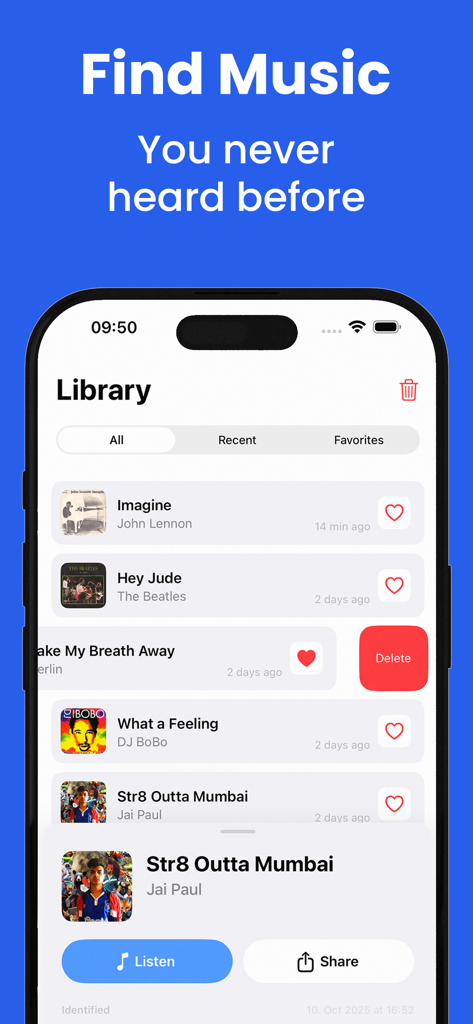 Song Finder: Music Recognition - Captura de pantalla de la biblioteca de la aplicación de reconocimiento de música Song Finder que muestra una lista de canciones identificadas y detalles de la pista.