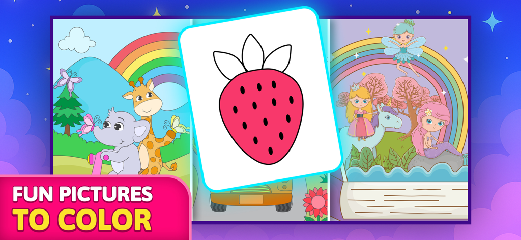 Kids Drawing Games: Color,Draw - A variety of colorful drawing pages for kids featuring animals, strawberries, and magical characters like mermaids and unicorns