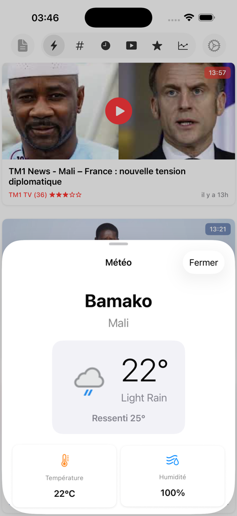 Pantalla de la aplicación Actu Mali que muestra el pronóstico del tiempo de Bamako y los últimos titulares de noticias