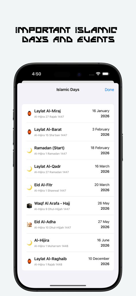 Ramadan Map - Lista de días y eventos islámicos importantes para 2026 en la aplicación Ramadan Map
