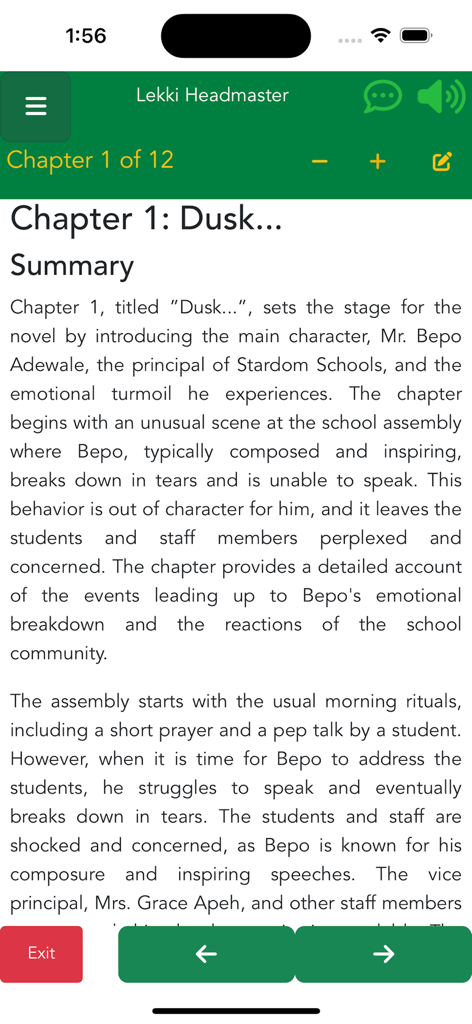 Un resumen de la novela Lekki Headmaster dentro de la aplicación de estudio ePractice CBT.