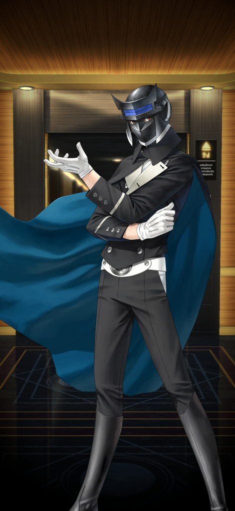 Tsukuyomi: The Divine Hunter - A character from Tsukuyomi The Divine Hunter wearing a black uniform and a flowing blue cape