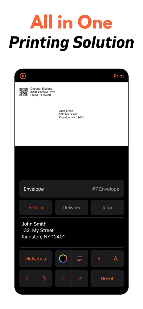 Envelope Printer: Label Maker - Interface of the Envelope Printer app showing a preview of a mailing envelope with address customization options for font and color