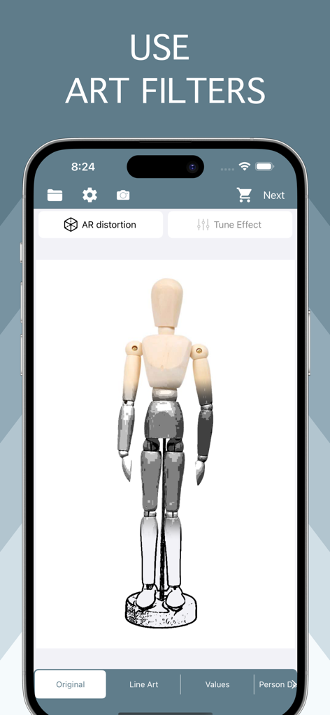 Tracing Buddy: Drawing Grid - Tracing Buddy mobile app interface displaying art filters applied to a wooden drawing mannequin